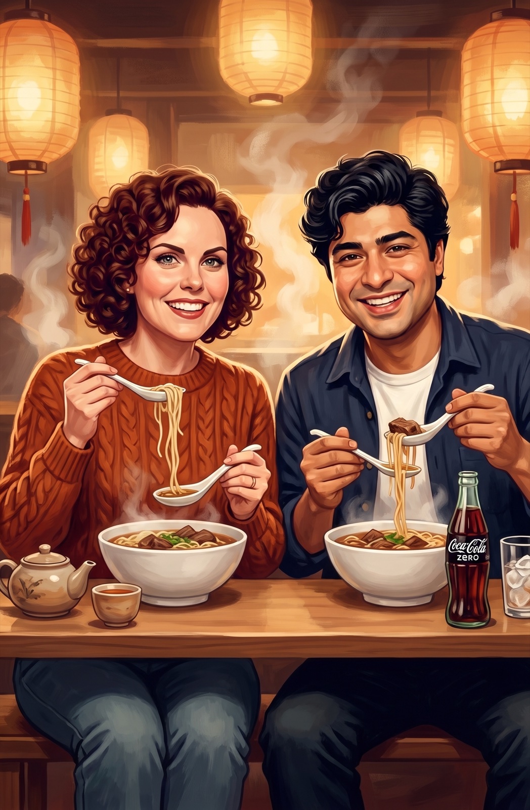Karolina and Rafid eating Taiwanese beef noodle soup at Pho Ever